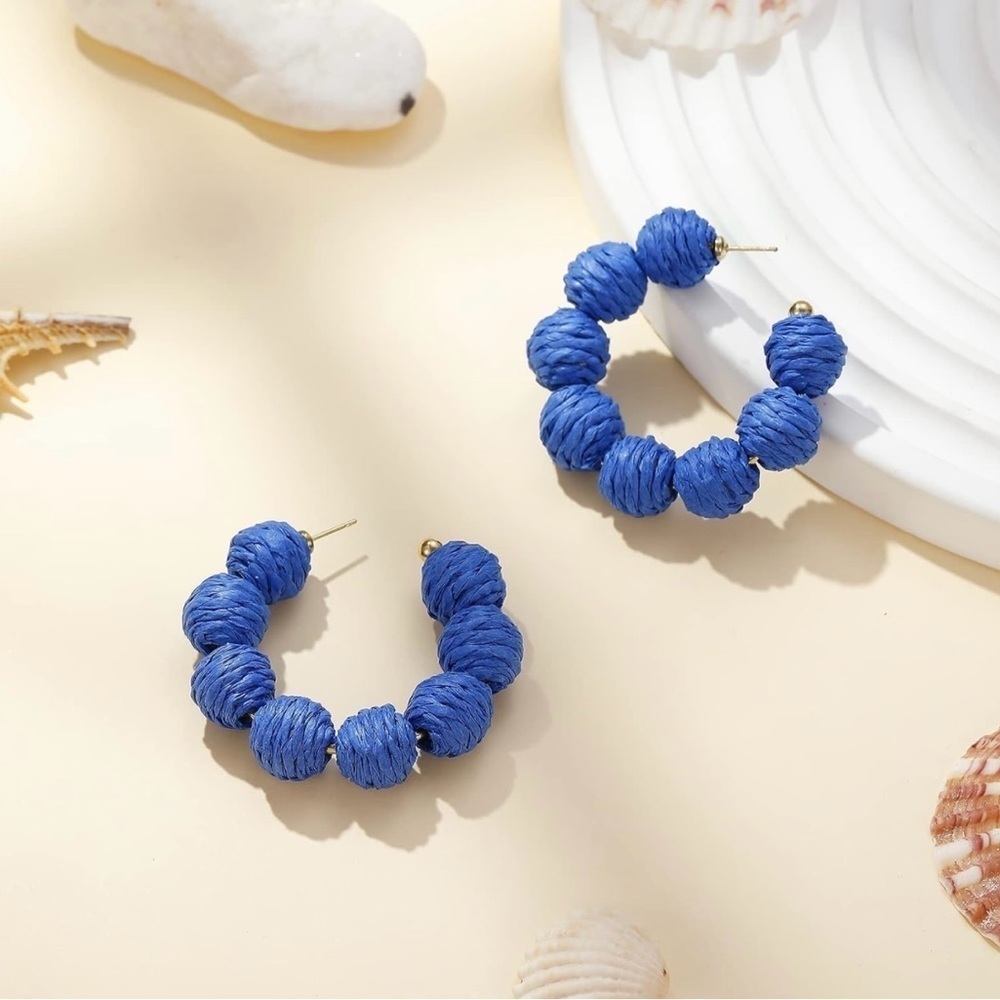 New- Never been worn Blue Raffia hoop earrings